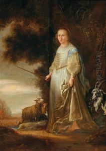 A Young Woman In Arcadian Costume With Goats And Sheep
