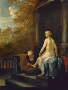 Bathseba Im Bade, Im Hintergrund Konig David Auf Dem Dach Seines Palastes by Francois Verwilt