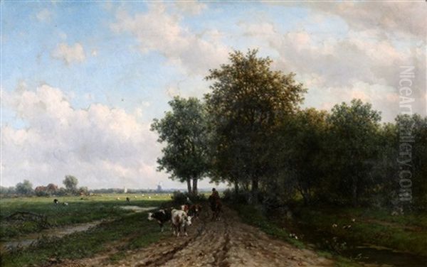 Boer Met Koeien Op Een Pad Langs Een Rivier - view 1