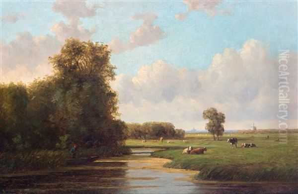 Koeien In Zonnig Weidelandschap, De Stad Haarlem Aan De Horizon - view 1