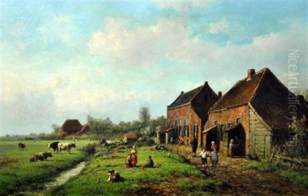 Farm Scene With Figures And Cattle - view 1