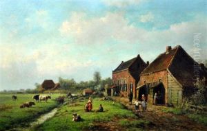 Farm Scene With Figures And Cattle