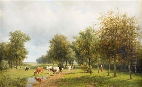 Weidende Kuhe In Landschaft Mit Bauernpaar - view 1