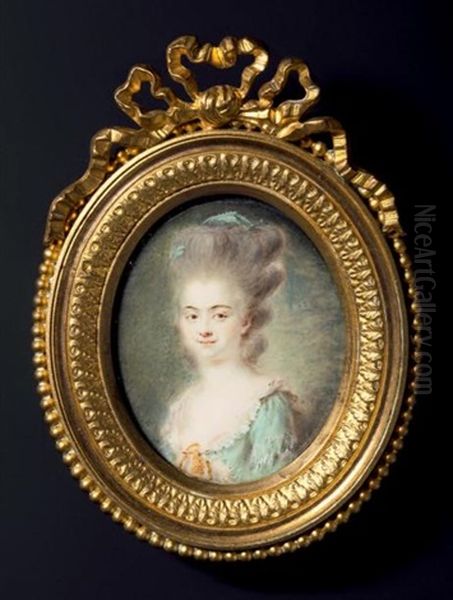 Portrait D'une Dame De Qualite En Buste De Trois-quarts Vers La Gauche, Presque De Face, En Robe De Soie Verte Largement Decolletee, La Coiffure Dite En Herisson-couvert D'une Caleche Retroussee Ornee De Rubans De Soie Verte - view 1