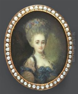 Portrait D'une Dame De Qualite En Robe De Soie Rose Et Rubans Bleus A Tres Haute Perruque Remontee Et Piquee De Fleurs En Couronne Portrait D'une Dame De Qualite En Robe De Soie Rose Et Rubans Bleus A Tres Haute Perruque Remontee Et Piquee De Fleurs En Couronne