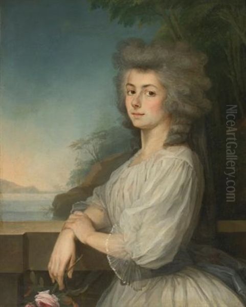 Portrait Of A Woman On A Terrace, A Landscape Beyond - view 1