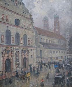Munchen Bei Regen. Flaneure Auf Der Neuhauser Strase Bei St. Michael, Im Hintergrund Die Turme Der Frauenkirche by Charles Vetter