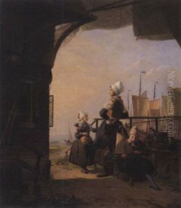 Fischersfrau Mit Kindern In Erwartung Der Boote by Hendrik Vettewinkel