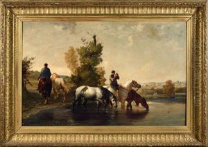 Cavaliers Faisant Boire Leurs Chevaux by Jules Jacques Veyrassat