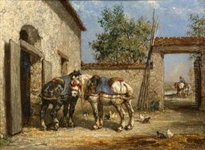 Chevaux De Trait Dans La Cour D'une Ferme Chevaux De Trait Dans La Cour D'une Ferme