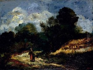 Femme Et Enfant Sur Un Chemin by Marie Nicolas Honore du Veyrier