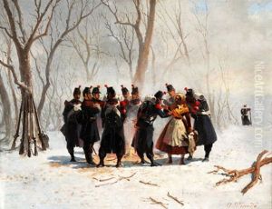 Winterliche Landschaft Mit Einer Gruppe Schweizer Milizsoldaten Die Sich An Einem Feuer Warmen