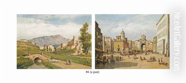 A Busy Neapolitan Square; Figures Crossing A Bridge Before A Town (pair) - view 1