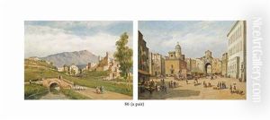 A Busy Neapolitan Square; Figures Crossing A Bridge Before A Town (pair)