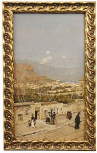 Strasenszene In Einer Italienische Hafenstadt Mit Spaziergangern Strasenszene In Einer Italienische Hafenstadt Mit Spaziergangern