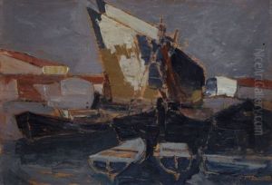 Darsena Con Vele Bianche by Lorenzo Viani