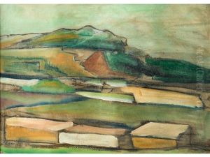 Landschaft Mit Grunen Hugeln Im Hintergrund, Davor Weizenfelder by Lorenzo Viani