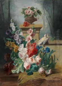 A Floral Still Life With Turtle Doves On A Park Wall A Floral Still Life With Turtle Doves On A Park Wall