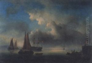Fischerboote Und Zweimaster An Der Hafenausfahrt Fischerboote Und Zweimaster An Der Hafenausfahrt