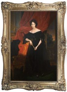 Portrait Of A Woman Shown Standing, Wearing A Black Satin And Lace Gown Against A Red Velvet Curtain, Distant Landscape