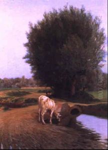 Mucca Al Pascolo Presso Un Rio by Cesare Viazzi