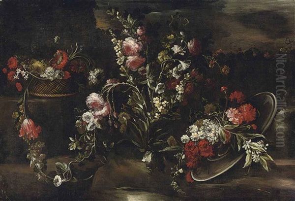 Tulips, Roses, Carnations, Narcissi, And Other Flowers In A Landscape - view 1