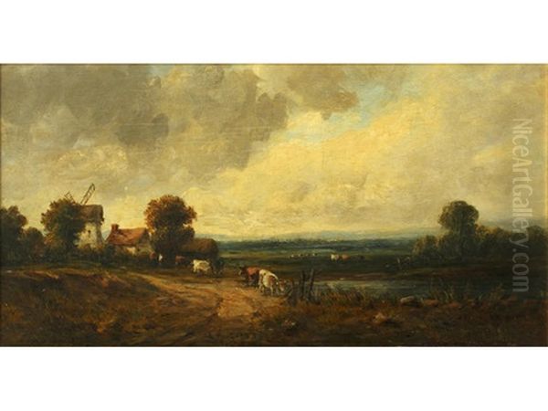 Cattle By A Pool, A Windmill Beyond - view 1
