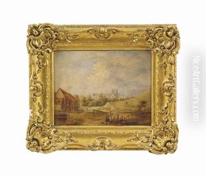 Figures Beside A Farm, Winchester Cathedral Beyond by Alfred Vickers