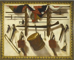 Trompe L'oeil Of A Gun Rack With A Flag, A Sword, Two Pikes, Two Muskets, A Watch, A Drum, A Trumpet And Other Objects, All Hanging Against A White Wall
