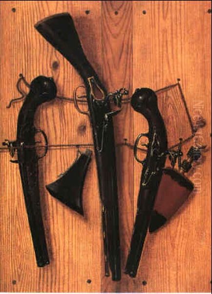Trompe L' Oeil Med Et Par Ripoll Pistoler Med Miquelet Lase (ca. 1690), En Spansk Karbin, Krudtbehorn Og Jagtkniv - view 1