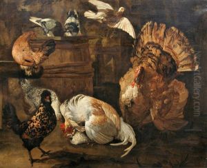 Nature Morte Aux Dindon, Coqs, Pigeons Et Poules Dans Une Basse -cour by Giacomo (Jacobus) Victors