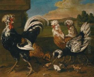 Polish Fowl And Their Young by Giacomo (Jacobus) Victors