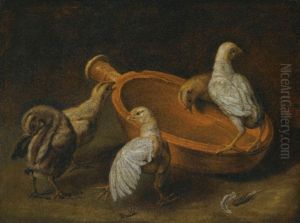 Five Chicks Assembled Around A Bowl Of Water by Giacomo (Jacobus) Victors