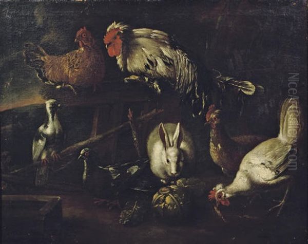 A Rooster, Chickens, Pigeons And A Hare Outside A Stable In A Landscape - view 1