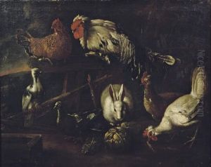 A Rooster, Chickens, Pigeons And A Hare Outside A Stable In A Landscape