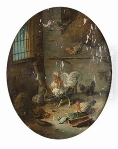 The Interior Of A Dovecote (+ A Cockerel And Hens In A Coop; Pair) by Giacomo (Jacobus) Victors