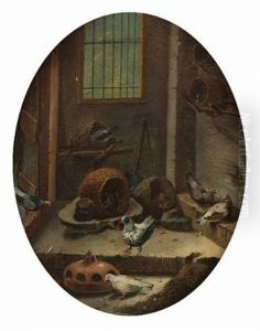 The Interior Of A Dovecote (+ A Cockerel And Hens In A Coop; Pair)