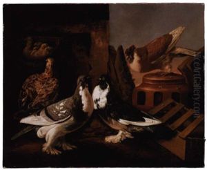 Still Life Of Two Courting Doves, A Partridge And Her Chicks, And A Further Dove Beyond Perched On A Jar