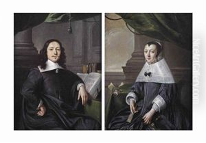 Portrait Of A Gentleman Seated Before A Classical Column With An Open Book (+ Portrait Of A Lady Seated On A Terrace And Holding A Fan; Pair)