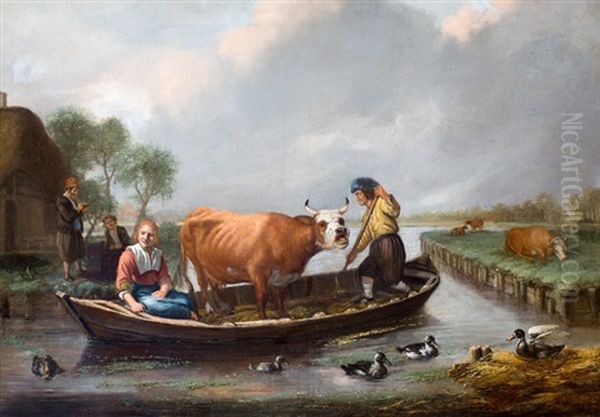 Boeren Met Koe In Een Overzetpontje - view 1