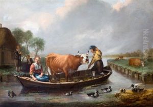 Boeren Met Koe In Een Overzetpontje