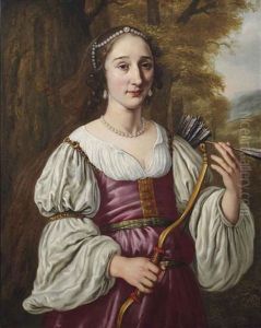 Portrait Of A Young Lady As Diana, Half-length, In A Violet Dress And Pearl Jewellery, Holding A Bow And Quiver