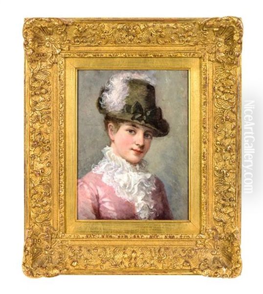 Lady In A Pink Dress And A Green Hat With Plumes - view 1