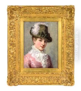 Lady In A Pink Dress And A Green Hat With Plumes by Eugene Vincent Vidal