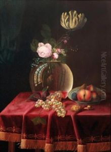 Nature Morte Au Bouquet De Fleurs Et A La Coupe De Fruits Dispose Sur Un Entablement by Louis Vidal