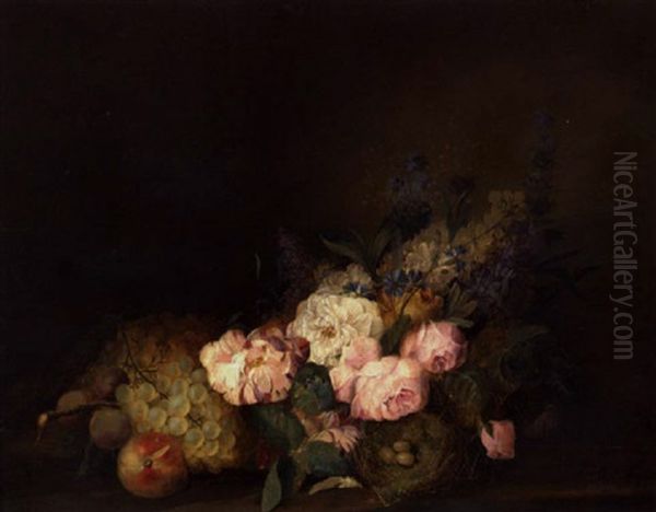 Opstilling Med Blomster, Frugter Og Fuglerede Med Aeg - view 1