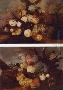 An Upturned Basket With Roses, Tulips, Grapes And A Bird's Nest On A Bank