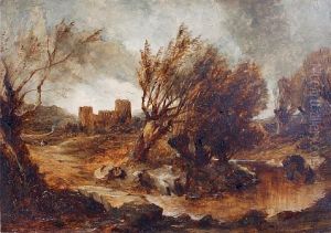 Ruins In A River Landscape by Frederick Lee Bridell