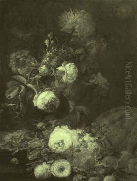 Still Life With Roses And Other Flowers In A Vase On A Stone Step - view 1