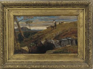 A Shepherd Watching His Flock In An Italianate Landscape, A Bay Beyond by Frederick Lee Bridell
